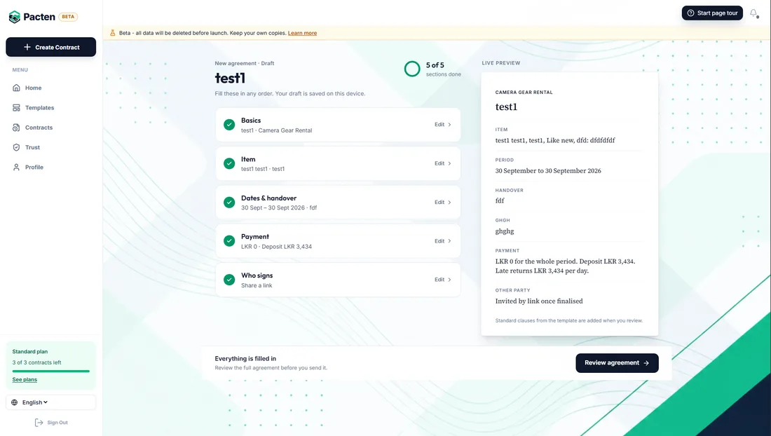 Desktop view: Pacten agreement builder with five completed sections