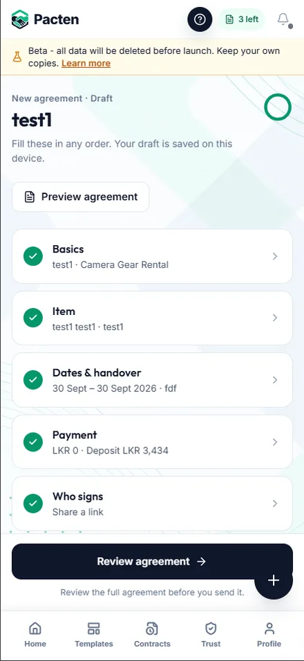 Mobile view: Pacten agreement builder with five completed sections