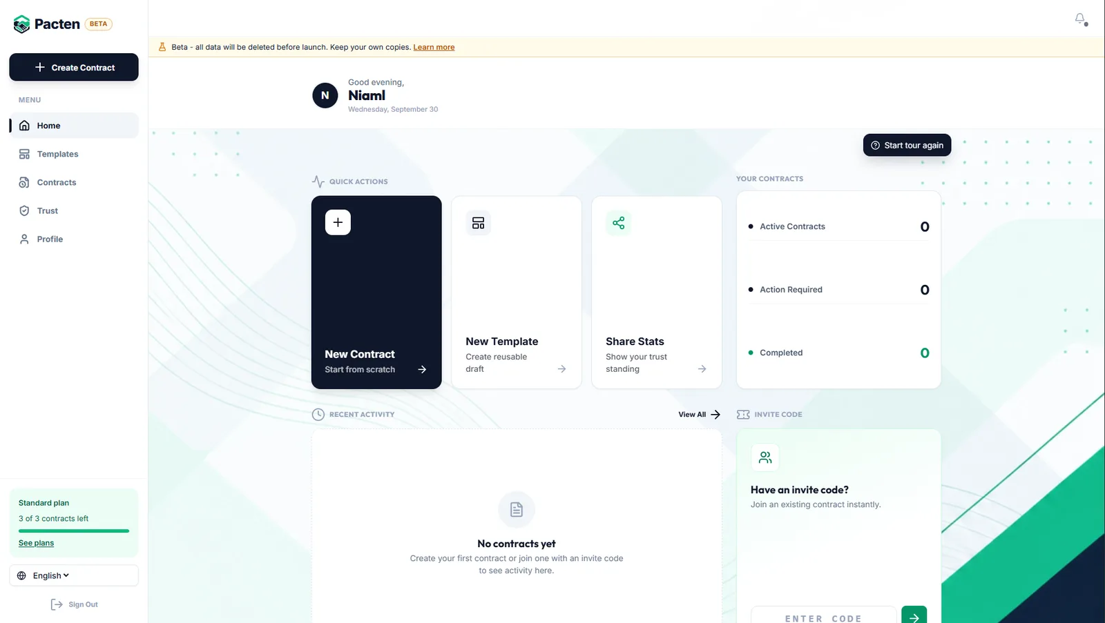 Desktop view: Pacten dashboard with quick actions and a contract summary