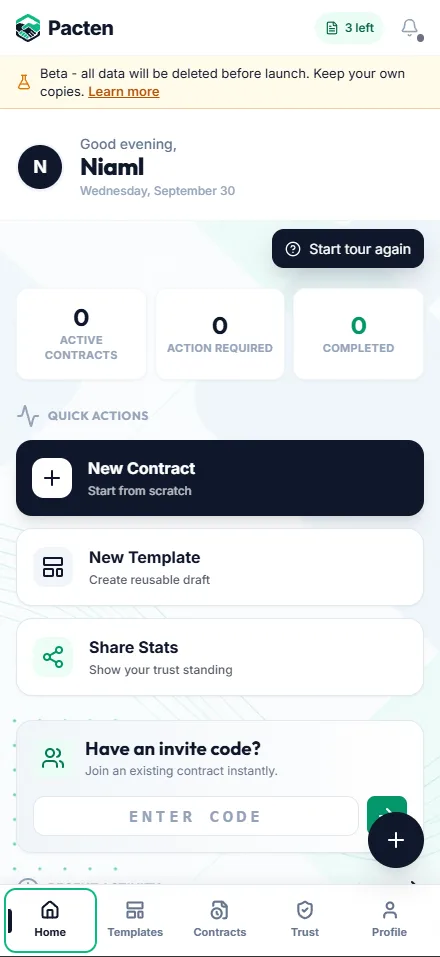 Mobile view: Pacten dashboard with quick actions and a contract summary