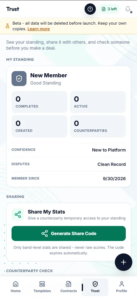 Mobile view: Pacten Trust page showing standing and sharing controls